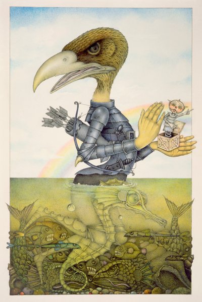 Pássaro de armadura sobre cavalo marinho (lápis e lápis de cor sobre papel) (par de 150071) de Wayne Anderson