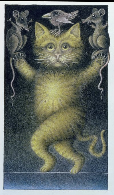 Gato na corda bamba, equilibrando-se com pássaro e ratos (lápis e lápis de cor sobre papel) de Wayne Anderson