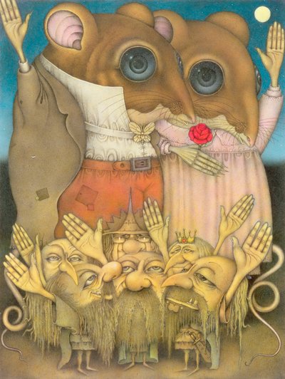 Casal de ratos e anões a acenar (lápis e lápis de cor sobre papel) de Wayne Anderson