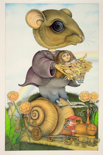 Rato e boneca num comboio de caracóis (lápis e lápis de cor) (par de 150078) de Wayne Anderson