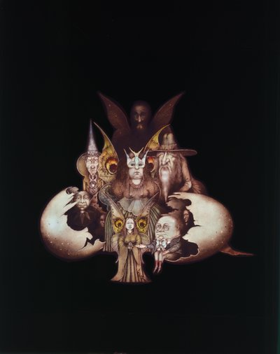 Personagens de outros mundos que emergem do ovo ou O nascimento do país das fadas (lápis e lápis de cor sobre papel) de Wayne Anderson