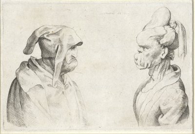 Cabeças deformadas de um homem com um chapéu flexível e uma mulher com cabelo amarrado Varie figurae et probae (título da série) Caricaturas, cabeças e deformidades após Leonardo da Vinci (título da série) de Wenceslaus Hollar (attributed to)