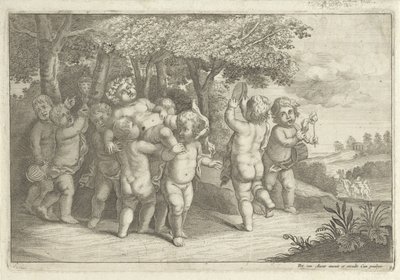 Os rapazes que fazem música e dançam carregam um bacchant de Wenceslaus Hollar (rejected attribution)