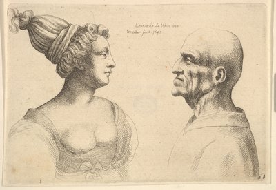 Uma mulher com cabelos amarrados para trás e um careca de frente para o outro, 1645. de Wenceslaus Hollar