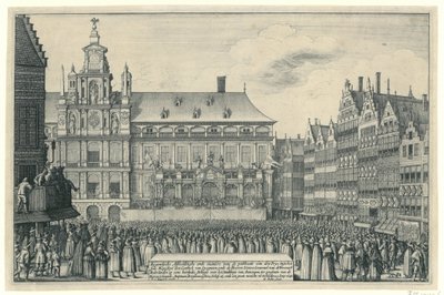 Proclamação da Paz de Munster em Antuérpia, 1648
Eygentlycke Afbeeldinghe ende maniere van de publicatie van den Peys, tusschen syne Mayesteyt den Coninck van Spagnien, en de Heeren Staten Generael van de Vereenich[de] Nederlanden op eene heerlyc de Wenceslaus Hollar