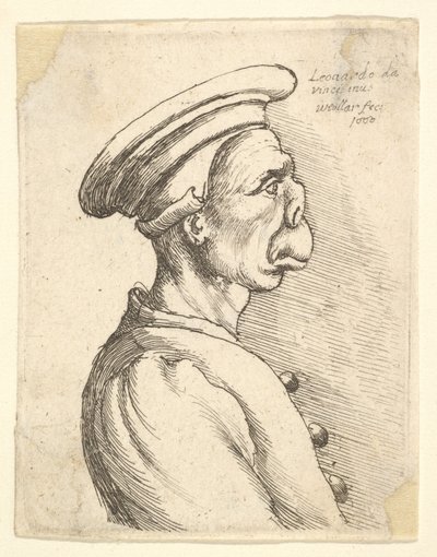 Busto de homem com nariz achatado e boca saliente, vestindo boné plano e casaco abotoado em ..., 1660. de Wenceslaus Hollar