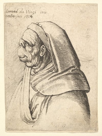 Busto de homem com nariz pequeno e virado para cima e lábio superior muito alto, com capuz, em perfil ..., 1666. de Wenceslaus Hollar