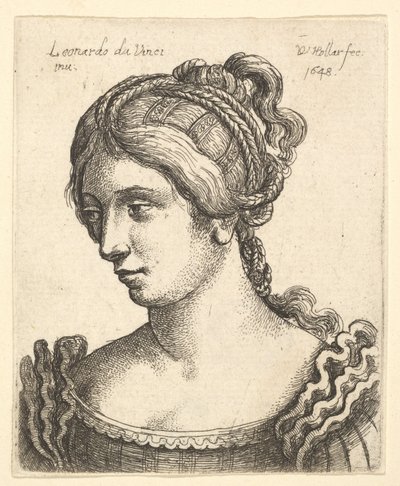 Busto de uma mulher olhando para baixo, à esquerda, com cabelos elaboradamente decorados, 1648. de Wenceslaus Hollar