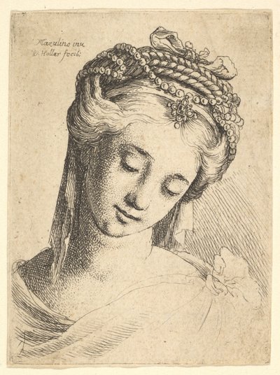 Busto de uma jovem mulher com cocar elaborado, olhando para baixo., 1625-77. de Wenceslaus Hollar