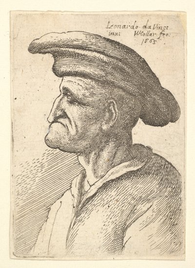 Busto de homem idoso com nariz que se encontra com o lábio inferior, com gola larga e plana no perfil t ..., 1665. de Wenceslaus Hollar
