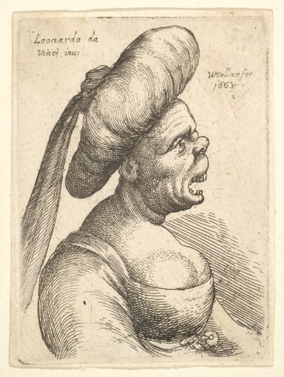 Busto de mulher com a boca aberta e o nariz virado para cima, usando turbante grande e plano com coágulo..., 1665. de Wenceslaus Hollar