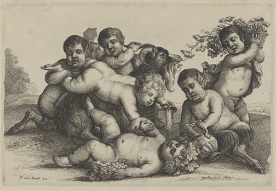 Três jovens rapazes, dois sátiros, um baccanto e um bode
Putti e satyrs (título da série) de Wenceslaus Hollar