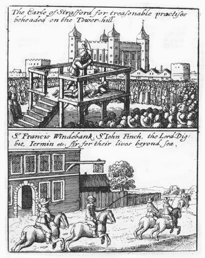 Conde de Stafford é decapitado em Tower Hill; Sir Francis Windebank, Sir John Finch e Lord Digby fogem da Inglaterra de Wenceslaus Hollar