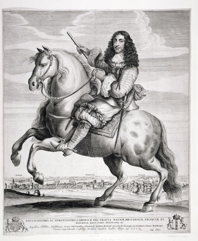 Retrato equestre de Carlos II (1630-85) com uma paisagem, publicado c.1670 de Wenceslaus Hollar