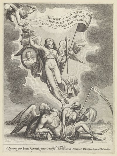 Faam overwint de tijd en de dood
História da entrada da Rainha Mãe do Rei Mais Cristão nas Províncias Unidas dos Países Baixos (título da série sobre o objecto) de Wenceslaus Hollar
