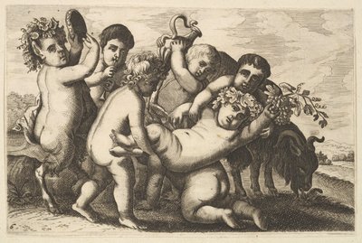 Cinco rapazes, dois sátiros e um exemplar de cabra, do século XVII. de Wenceslaus Hollar