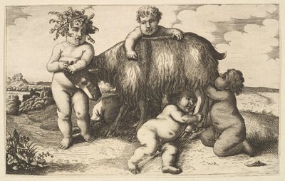 Quatro meninos, um jovem sátiro e uma cópia de cabra no reverso, século XVII. de Wenceslaus Hollar