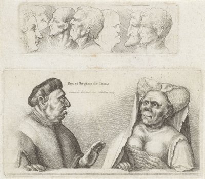 Friso com cabeças de estudo / Caricaturas do rei e da rainha da Tunísia
Rex et Regina de Tunis (título sobre o objecto)
Variie figurae et probae (título da série)
Caricaturas, cabeças e deformidades após Leonardo da Vinci (título da série) de Wenceslaus Hollar