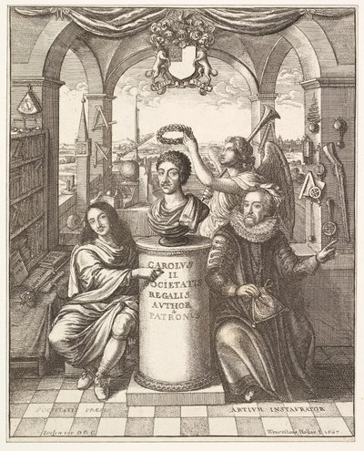 Frontispício da história da Royal Society of London por Thomas Spratt, pub. 1702 de Wenceslaus Hollar