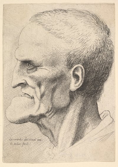 Cabeça de um homem velho com um queixo pronunciado, cabelos curtos cortados e boca aberta mostrando ..., 1625-77. de Wenceslaus Hollar