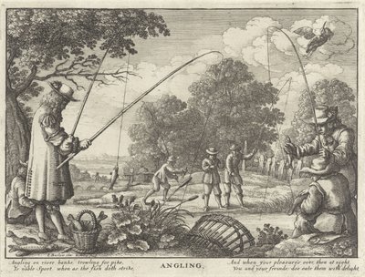 Hengelen
Pesca à linha (título sobre o objecto)
Jachtpartijen (título da série)
Severall Wayes of Hunting, Hawking, and Fishing, De acordo com o English Manner (título da série) de Wenceslaus Hollar