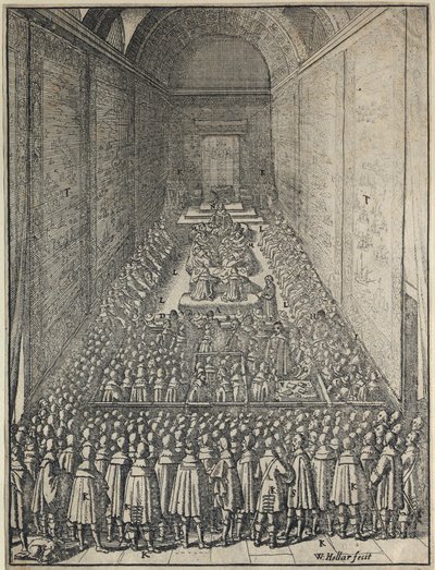 Interior da Câmara dos Lordes em sessão, Palácio de Westminster, Londres, c1650 de Wenceslaus Hollar