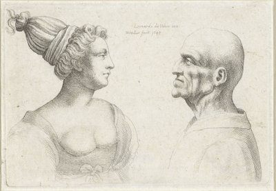 Cabeças de um homem careca e uma mulher com turbantes Varie figurae et probae (título da série) Caricaturas, cabeças e deformidades após Leonardo da Vinci (título da série) de Wenceslaus Hollar