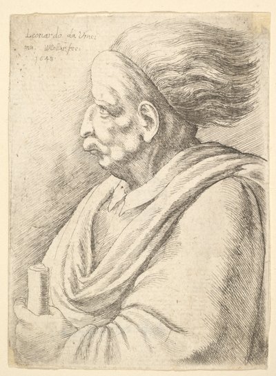 Homem com traços caricaturados e cabelos escorrendo para trás, no comprimento médio para a esquerda, 1648. de Wenceslaus Hollar