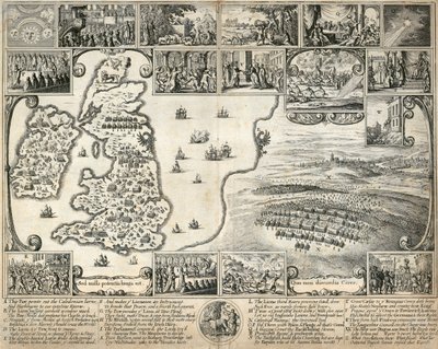 Mapa das Ilhas Britânicas e ilustrações de eventos históricos do século XVII, c1659 de Wenceslaus Hollar