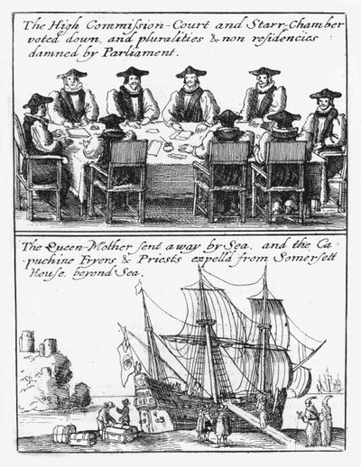 Membros da Câmara das Estrelas; a Rainha Henrietta Maria navega da Inglaterra de Wenceslaus Hollar