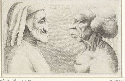 Caricatura deformada das cabeças de um homem com chapéu(Dante?) e de uma mulher
Variie figurae et probae (título da série)
Caricaturas, cabeças e deformidades após Leonardo da Vinci (título da série) de Wenceslaus Hollar