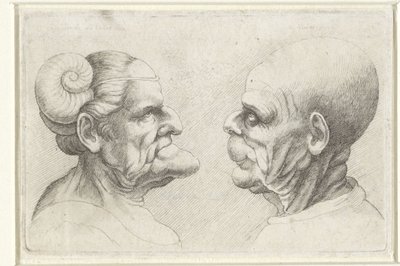 Cabeças deformadas de um homem e uma mulher carecas com chifres na cabeça
Variie figurae et probae (título da série)
Caricaturas, cabeças e deformidades após Leonardo da Vinci (título da série) de Wenceslaus Hollar