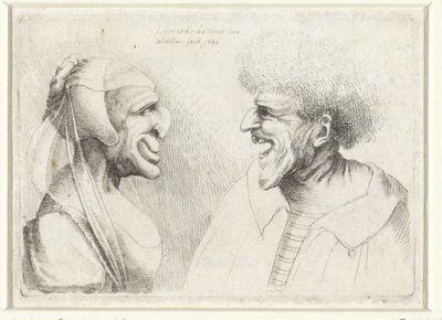 Cabeças deformadas de um homem e uma mulher sorridentes com um boné na cabeça Varie figurae et probae (título da série) Caricaturas, cabeças e deformidades após Leonardo da Vinci (título da série) de Wenceslaus Hollar