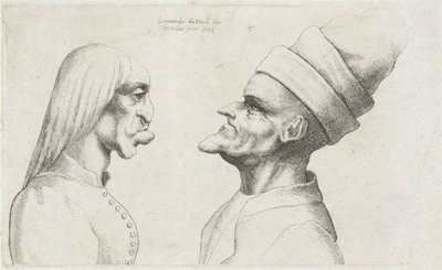Cabeças deformadas de uma mulher com cabelo liso e um homem com um chapéu de abas duplas Varie figurae et probae (título da série) Caricaturas, cabeças e deformidades após Leonardo da Vinci (título da série) de Wenceslaus Hollar