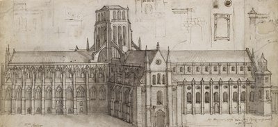 Antiga Catedral de São Paulo a partir do nordeste (Caneta e tinta marrom e cinza sobre grafite, incisão e esfregados para transferência) de Wenceslaus Hollar