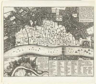 Mapa de Londres após o Grande Incêndio de 1666 A Map or Groundplot of the City of London and the Suburbes (...) (título no objeto) de Wenceslaus Hollar