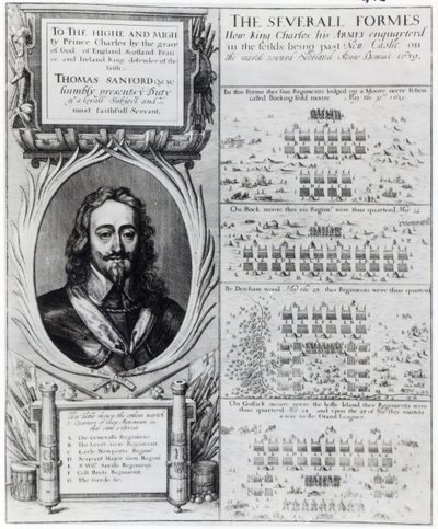 Retrato do rei Carlos I com diagramas mostrando a formação de suas tropas durante a Guerra dos Bispos, c.1639 de Wenceslaus Hollar