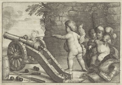 Putti disparando canhão: O elemento do fogo Os Quatro Elementos (título da série) de Wenceslaus Hollar