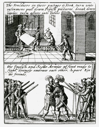 Soldados destroem imagens religiosas em uma igreja; soldados ingleses e escoceses se abraçam de Wenceslaus Hollar