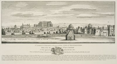 Palácio de St. James e parte da cidade de Westminster do lado norte do Pall Mall em 1660, gravado por Richard Sawyer, publicado em 1809 de Wenceslaus Hollar