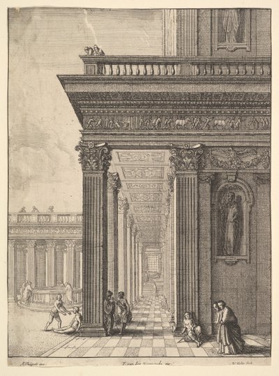 Pátio do templo com figuras, segundo David Teniers, o Velho, 1625-77. de Wenceslaus Hollar