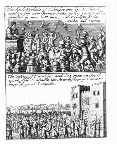 O arquiprelado de St Andrews pregando na Escócia; levantamento de aprendizes e marinheiros no Palácio de Lambeth de Wenceslaus Hollar