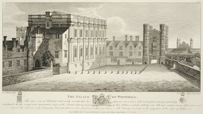 O Palácio de Whitehall, de um desenho na Biblioteca Pepysian, Cambridge, publicado em 1809 de Wenceslaus Hollar