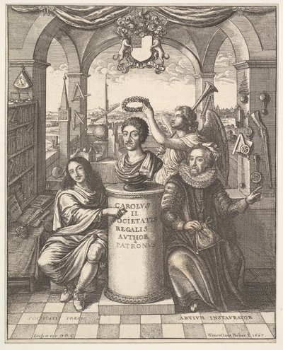 The Royal Society, frontispício de Thomas Sprat, The History of the Royal Society of Lond ..., 1667. de Wenceslaus Hollar
