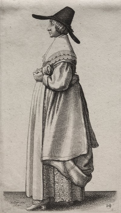 Os vários hábitos das mulheres inglesas, da nobreza às mulheres do campo como são nestes tempos: a mulher com chapéu masculino e anágua florida de Wenceslaus Hollar