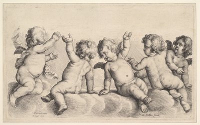 Três querubins e dois meninos nas nuvens, 1620-77. de Wenceslaus Hollar