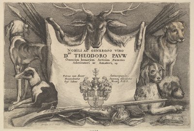 Página de título com cães de caça e equipamento de caça, 1646. de Wenceslaus Hollar