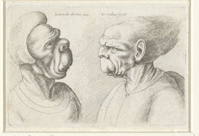 Duas cabeças deformadas Varie figurae et probae (título da série) Caricaturas, cabeças e deformidades após Leonardo da Vinci (título da série) de Wenceslaus Hollar