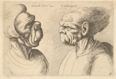 Duas cabeças deformadas voltadas para dentro, 1625-77. de Wenceslaus Hollar