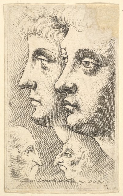 Dois jovens de perfil para a esquerda, com duas cabeças grotescas de frente para o outro, 1625-77. de Wenceslaus Hollar